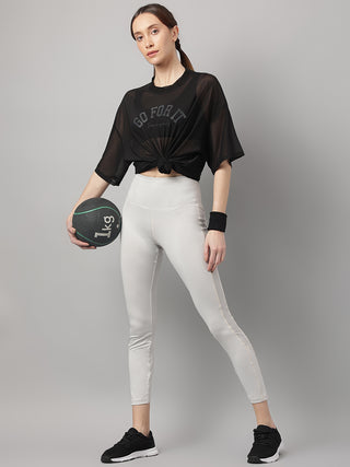 GO FOR IT WOMEN BLACK MESH RELAXED FIT T-SHIRT