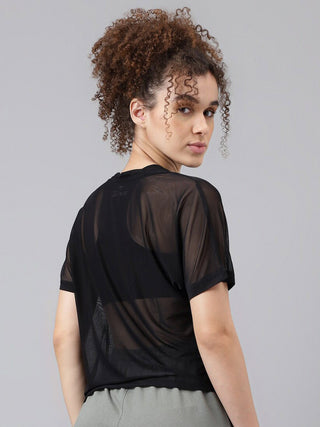 MKH Black Womens Mesh Crop T Shirt Breathable Gymwear