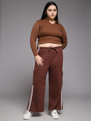 MKH Women Plus Size Brown Elastic Waist Track Pants