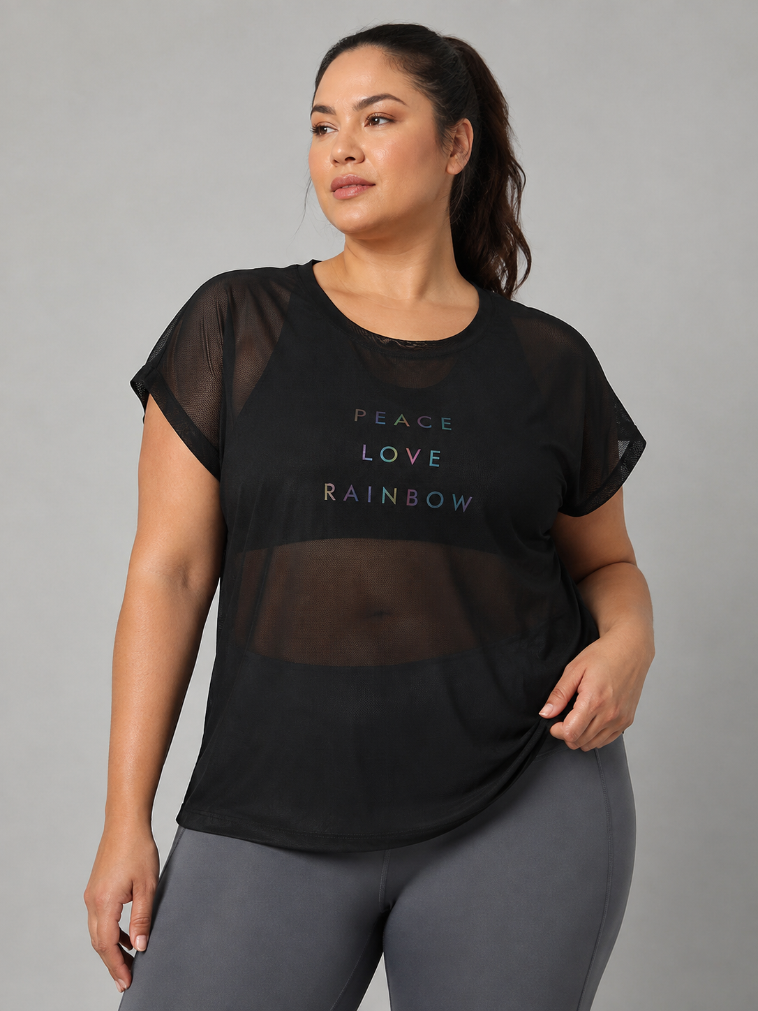 MKH Black Lightweight Mesh  Plus Size  T-Shirt Women Casual Workout Fit