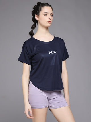 MKH Women Navy Blue Stretch Fit Activewear T-Shirt for Fitness and Running