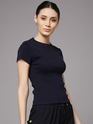 MKH Navy Blue Chic Ribbed Round Neck T-Shirt