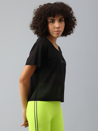 FOCUS WOMEN BLACK MESH RELAXED FIT T-SHIRT