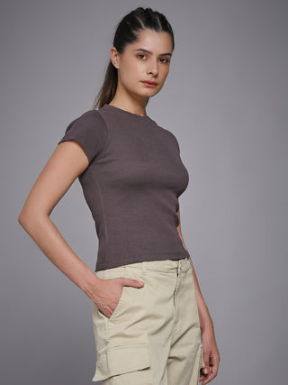 MKH Dark Grey Solid Maroon Body-Hug Ribbed Tee