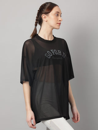 GO FOR IT WOMEN BLACK MESH RELAXED FIT T-SHIRT