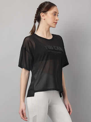 YOU CAN WOMEN BLACK MESH RELAXED FIT T-SHIRT