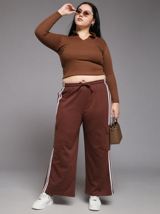 MKH Women Plus Size Brown Elastic Waist Track Pants