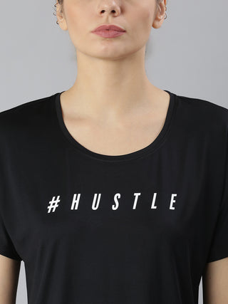 HUSTLE WOMEN BLACK DRI-FIT ROUND NECK CROP T-SHIRT