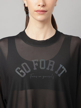 GO FOR IT WOMEN BLACK MESH RELAXED FIT T-SHIRT