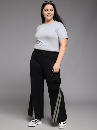 MKH Women Plus Size Black High Rise Wide Leg Track Pants