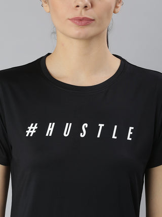 HUSTLE WOMEN BLACK DRI-FIT ROUND NECK HIGH LOW T-SHIRT