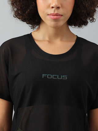 FOCUS WOMEN BLACK MESH RELAXED FIT T-SHIRT