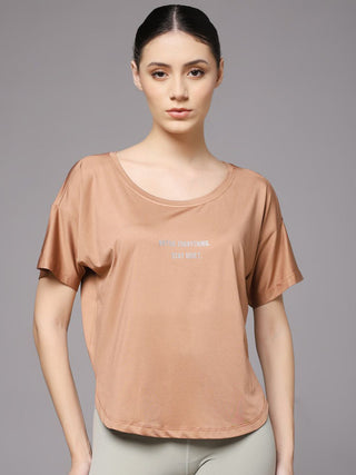 MKH Women Brown Premium Elevated Essentials Typography Printed Relaxed Fit T-Shirt