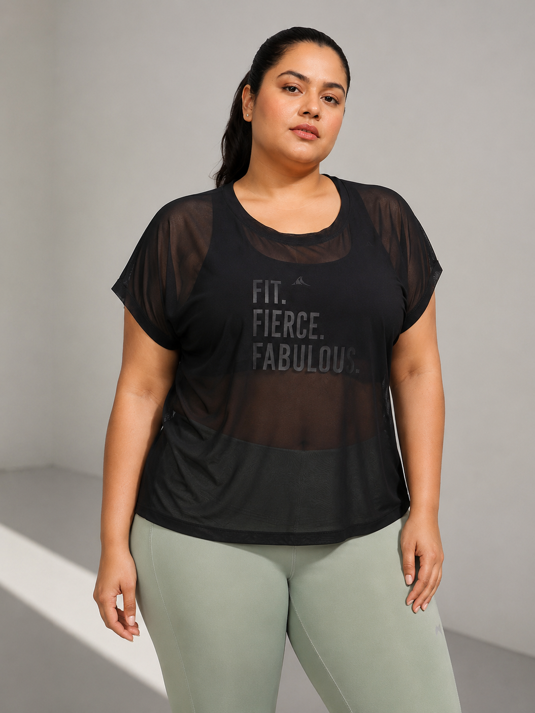 MKH Black Mesh Plus Size T-Shirt Women Everyday Athleisure Wear