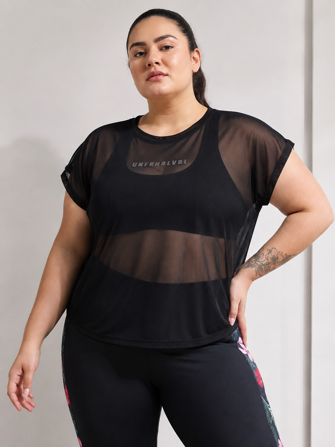 MKH Black Mesh  Plus Size T-Shirt Women Lightweight Workout Essential