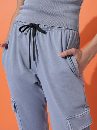 MKH Women Ribbed And Cargo Washed Grey Co-ord Set