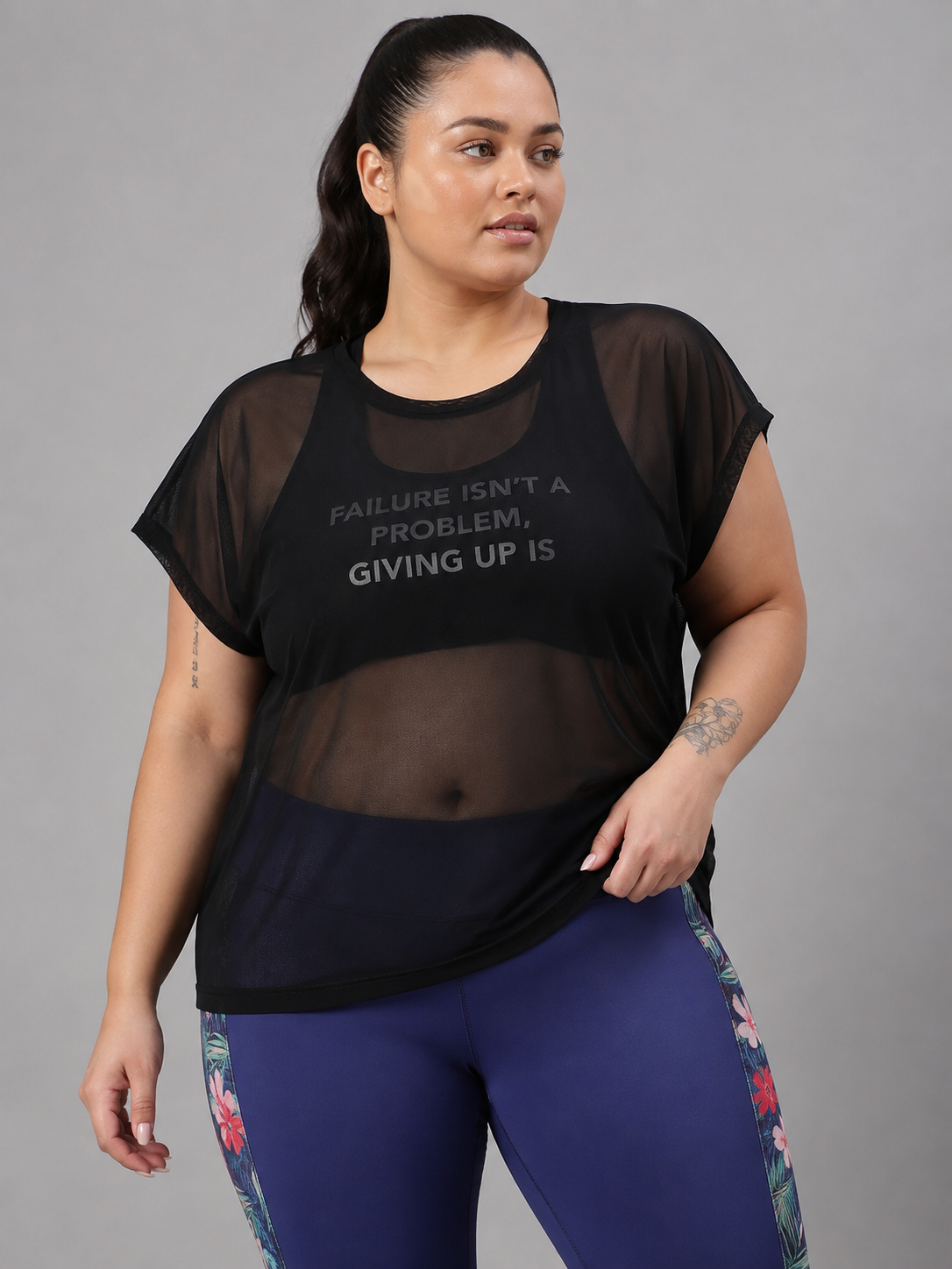 MKH Black Mesh Women Lightweight Fitness  Plus Size T-Shirt