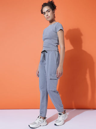 MKH Women Ribbed And Cargo Washed Grey Co-ord Set