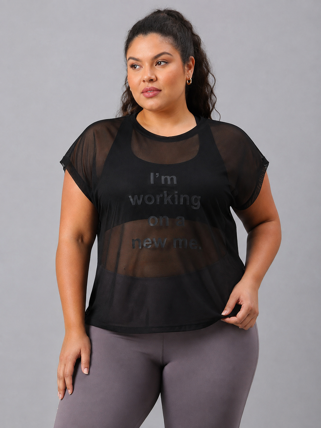 MKH Black Womens Sheer Mesh Plus Size T Shirt With Short Sleeves