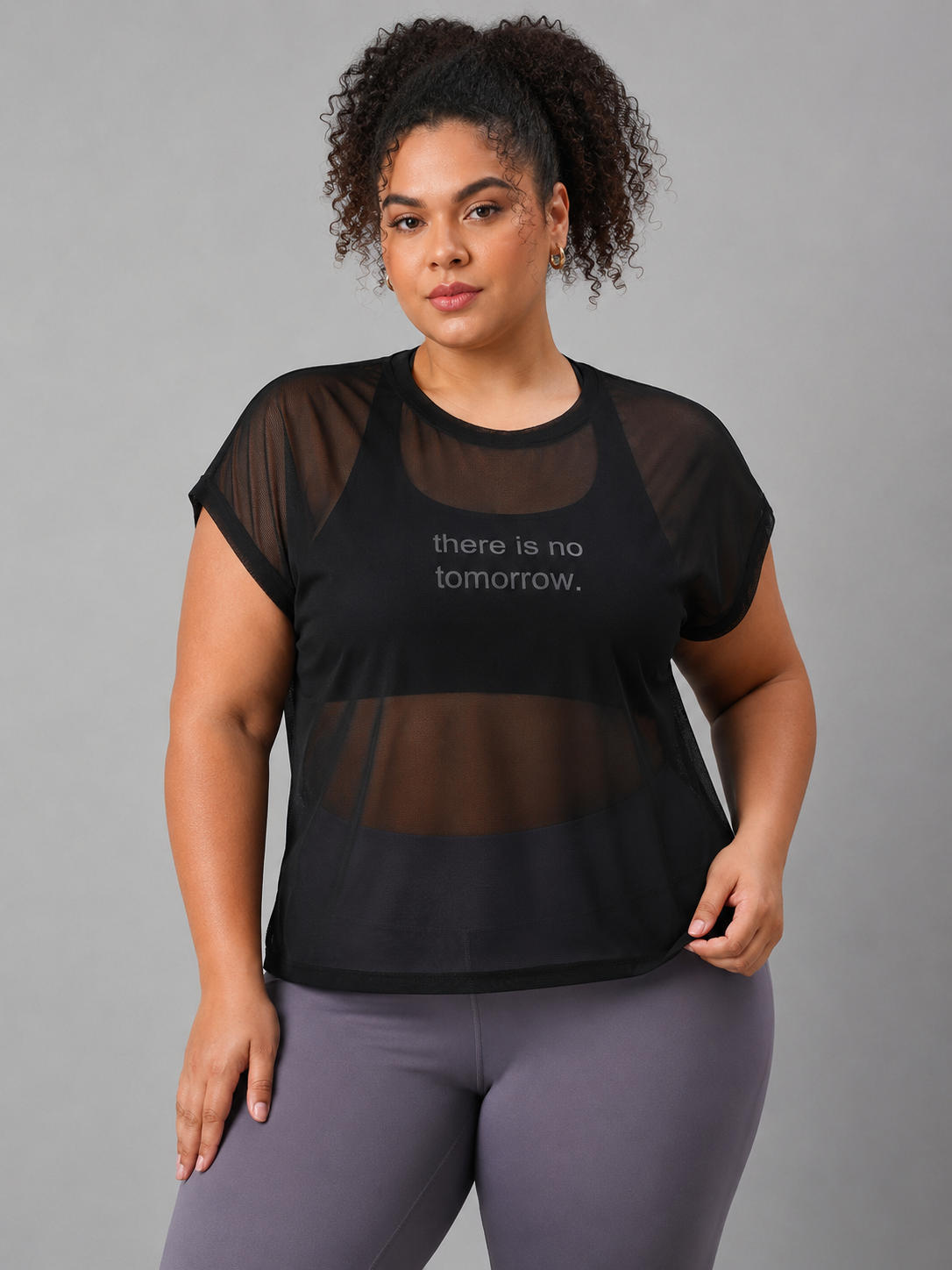 MKH Black Sheer Mesh Plus Size T-Shirt Womens Short Sleeves Activewear