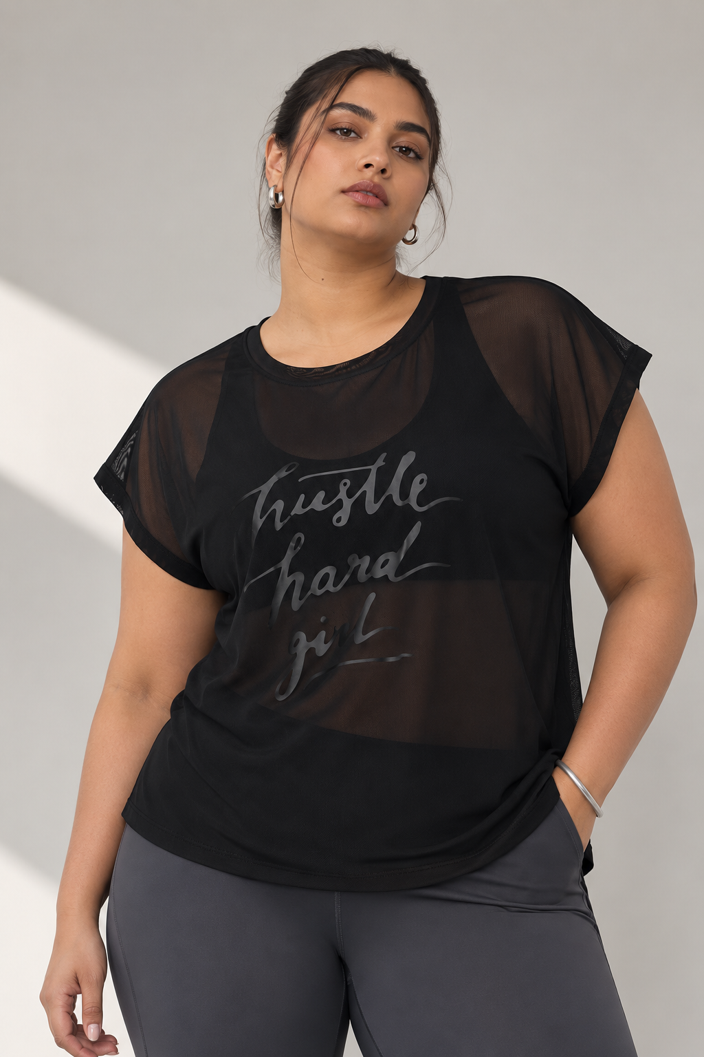 MKH Black Mesh Plus Size T-Shirt Women Relaxed Fitness Style