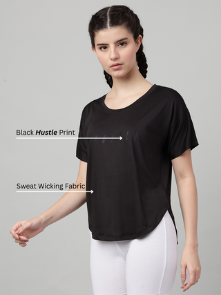 HUSTLE WOMEN BLACK DRI-FIT RELAXED FIT T-SHIRT