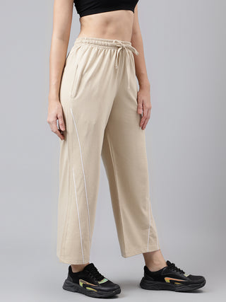 Women White Striped Beige Mid-Rise Relaxed-Fit Track Pants