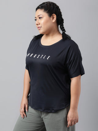 HUSTLE WOMEN BLACK DRI-FIT RELAXED FIT T-SHIRT