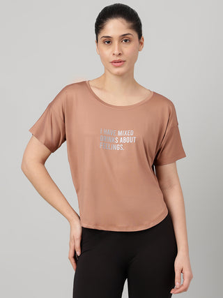 MKH Women Brown Modern Typography Printed Round Neck Relaxed Fit T-Shirt