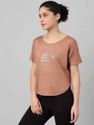 MKH Women Brown Modern Typography Printed Round Neck Relaxed Fit T-Shirt
