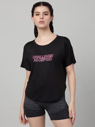 MKH Women Black Daily Wear Elevated Essentials Typography Printed Relaxed Fit T-Shirt