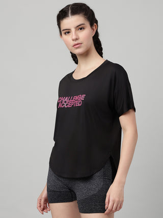 MKH Women Black Daily Wear Elevated Essentials Typography Printed Relaxed Fit T-Shirt