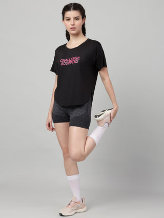 MKH Women Black Daily Wear Elevated Essentials Typography Printed Relaxed Fit T-Shirt