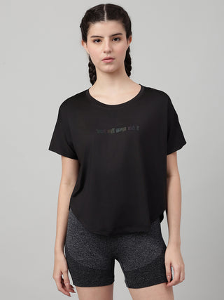 MKH Women Black Lifestyle Typography Printed Round Neck Relaxed Fit T-Shirt