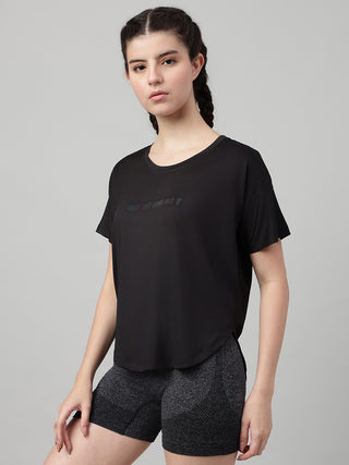 MKH Women Black Lifestyle Typography Printed Round Neck Relaxed Fit T-Shirt