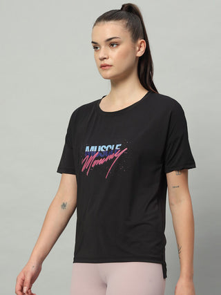 MKH Women Black Activewear Gym T-Shirt for Running and Fitness