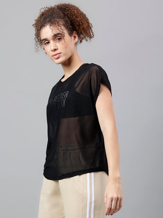 MKH Black Mesh T-Shirt Women Relaxed Gym Training Wear