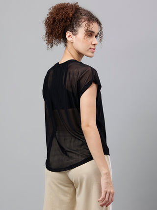 MKH Black Mesh T-Shirt Women Relaxed Gym Training Wear