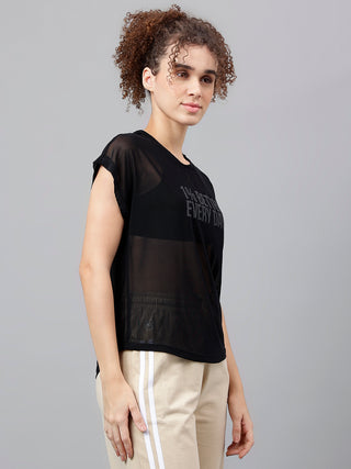 MKH Black Mesh T-Shirt Women Relaxed Gym Training Wear