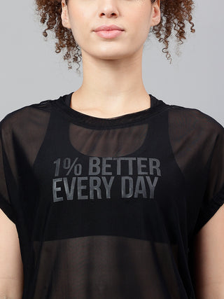 MKH Black Mesh T-Shirt Women Relaxed Gym Training Wear