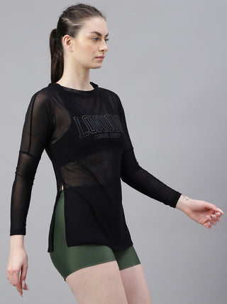 LONDON WOMEN BLACK MESH RELAXED FIT T-SHIRT