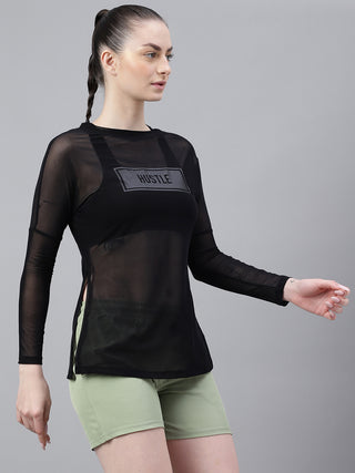 HUSTLE WOMEN BLACK MESH RELAXED FIT T-SHIRT