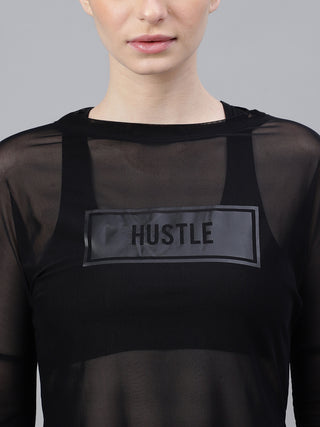 HUSTLE WOMEN BLACK MESH RELAXED FIT T-SHIRT