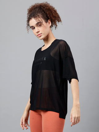 STRONGER WOMEN BLACK MESH RELAXED FIT T-SHIRT