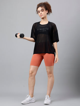 STRONGER WOMEN BLACK MESH RELAXED FIT T-SHIRT