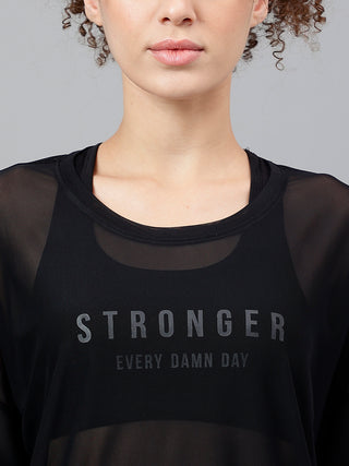 STRONGER WOMEN BLACK MESH RELAXED FIT T-SHIRT