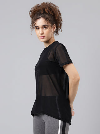 MKH Black Relaxed Fit Mesh Women Breathable Yoga T-Shirt