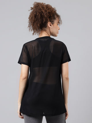 MKH Black Relaxed Fit Mesh Women Breathable Yoga T-Shirt