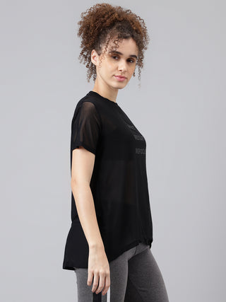 MKH Black Relaxed Fit Mesh Women Breathable Yoga T-Shirt
