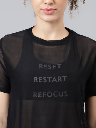 MKH Black Relaxed Fit Mesh Women Breathable Yoga T-Shirt